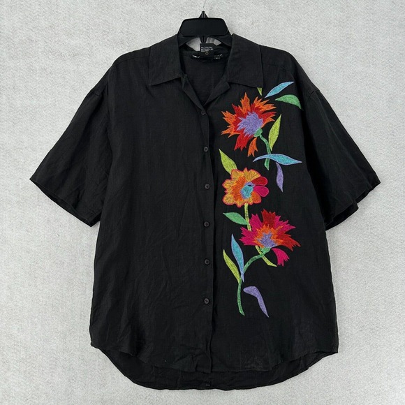 IB Diffusion 100% Linen Shirt Womens 6 Black Embroidered Floral Short Sleeve Top - Picture 1 of 9